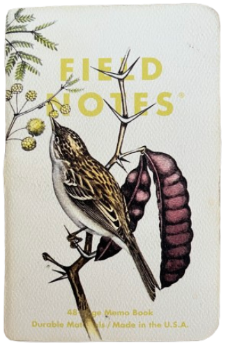 small notebook with illustration of a brewer sparrow.